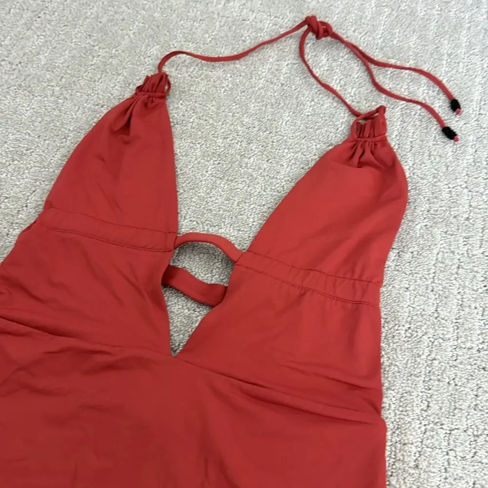 Tavik “Emme” halter one piece rust red dusty plunge v neck high cut cheeky